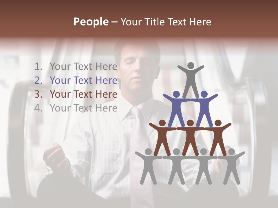 Businessman Meditating In Lotus Position In Front Of An Escalator Indoor. PowerPoint Template