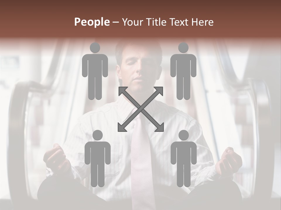 Businessman Meditating In Lotus Position In Front Of An Escalator Indoor. PowerPoint Template