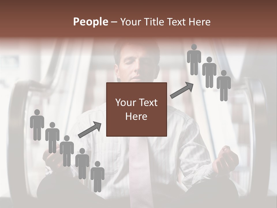 Businessman Meditating In Lotus Position In Front Of An Escalator Indoor. PowerPoint Template