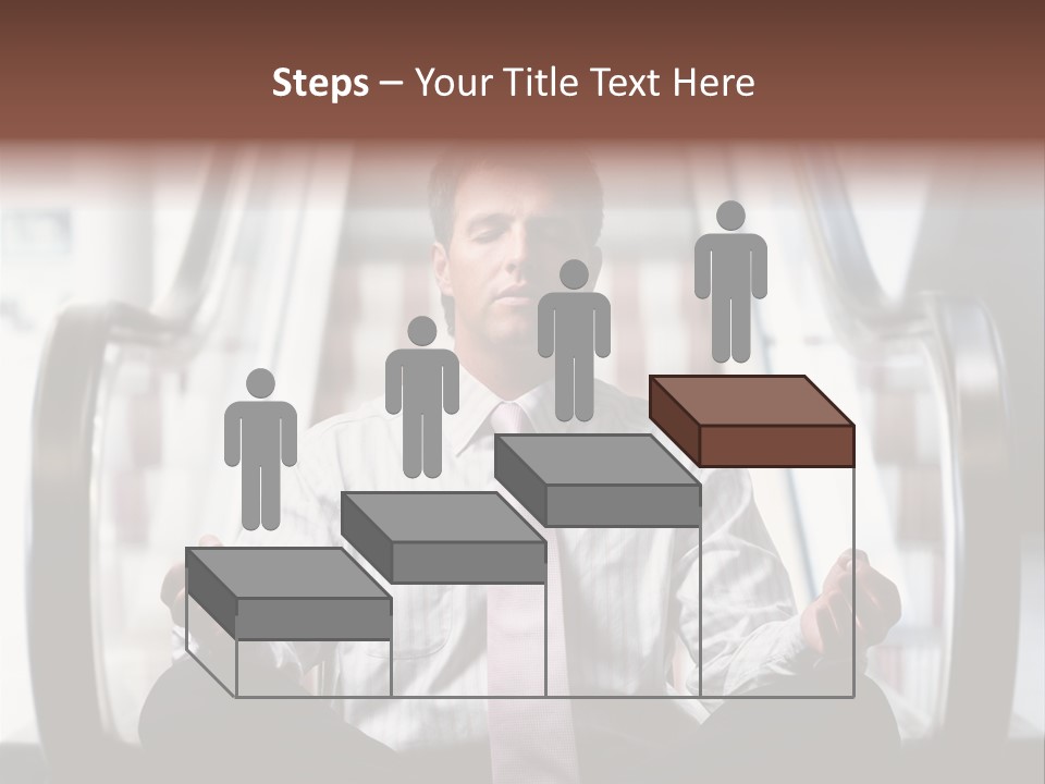 Businessman Meditating In Lotus Position In Front Of An Escalator Indoor. PowerPoint Template