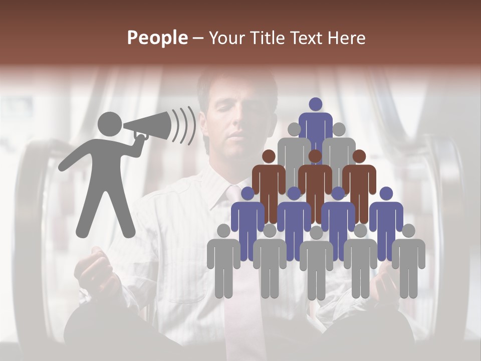 Businessman Meditating In Lotus Position In Front Of An Escalator Indoor. PowerPoint Template