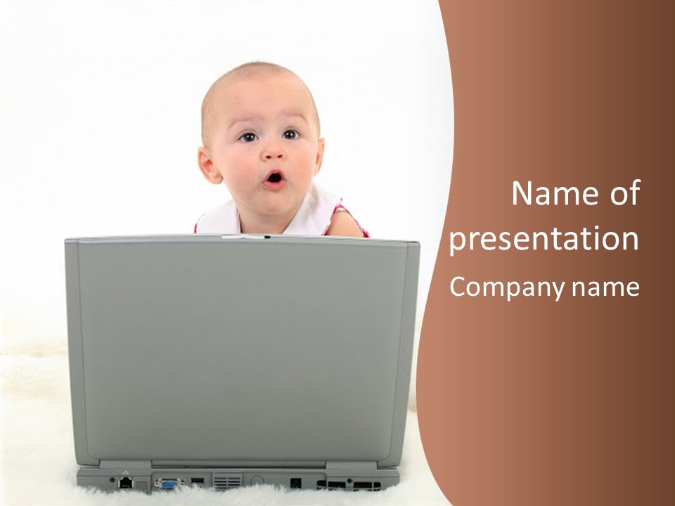 Baby Girl With Surprised Express Working On Laptop. Shot In Studio Over White. PowerPoint Template