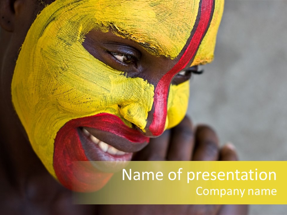 Young African Girl, Tribal Painted Face In Yellow And Red PowerPoint Template