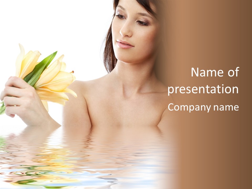 Happy Brunette With Yellow Lily Flowers In Spa PowerPoint Template