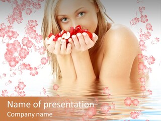 Lovely Blond With Red And White Rose Petals And Flowers In Water PowerPoint Template