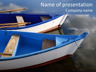 Sky Reflection And Wooden Blue Boats Awaiting Tourists At The Jetty PowerPoint Template