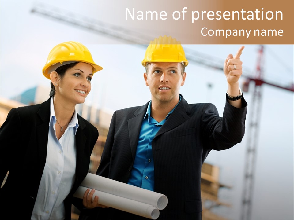 Young Architects Wearing A Protective Helmet Standing In Front Of A Building Site. PowerPoint Template