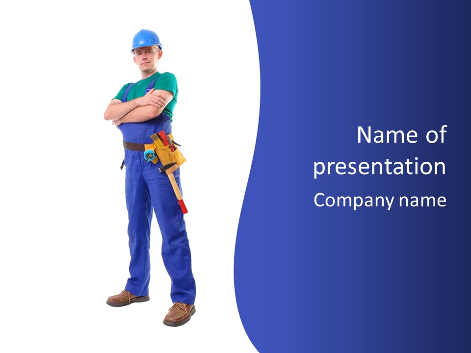 Builder Wearing Blue Overall, Toolbelt And Hard Hat Posing Over White Background PowerPoint Template