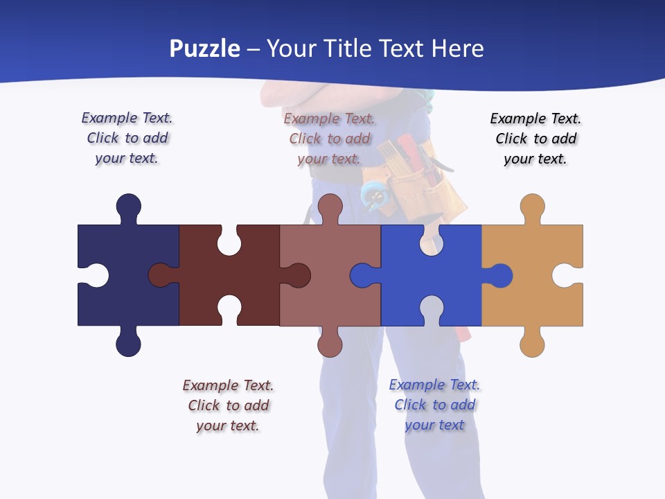 Builder Wearing Blue Overall, Toolbelt And Hard Hat Posing Over White Background PowerPoint Template