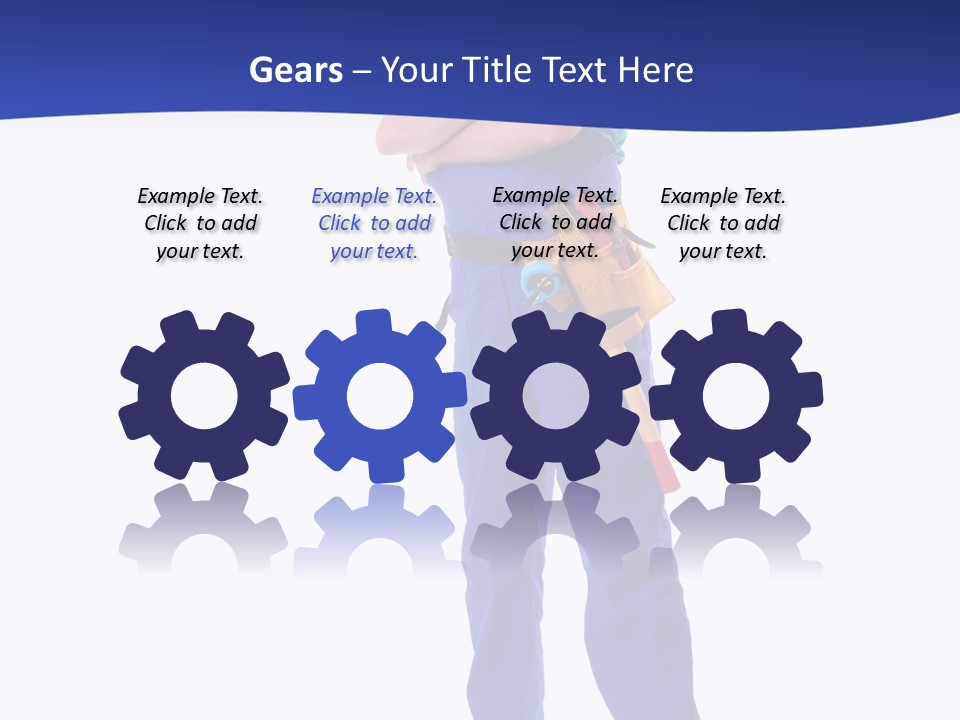 Builder Wearing Blue Overall, Toolbelt And Hard Hat Posing Over White Background PowerPoint Template