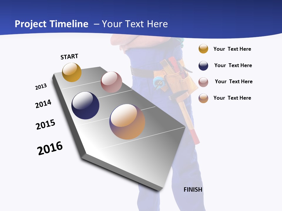 Builder Wearing Blue Overall, Toolbelt And Hard Hat Posing Over White Background PowerPoint Template