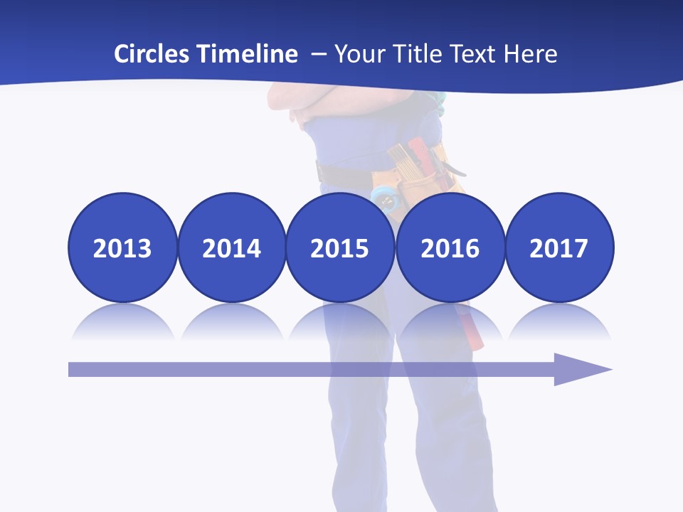 Builder Wearing Blue Overall, Toolbelt And Hard Hat Posing Over White Background PowerPoint Template