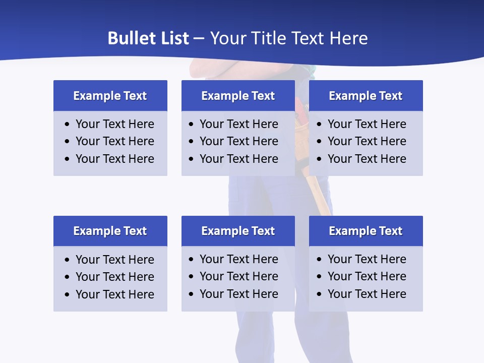 Builder Wearing Blue Overall, Toolbelt And Hard Hat Posing Over White Background PowerPoint Template