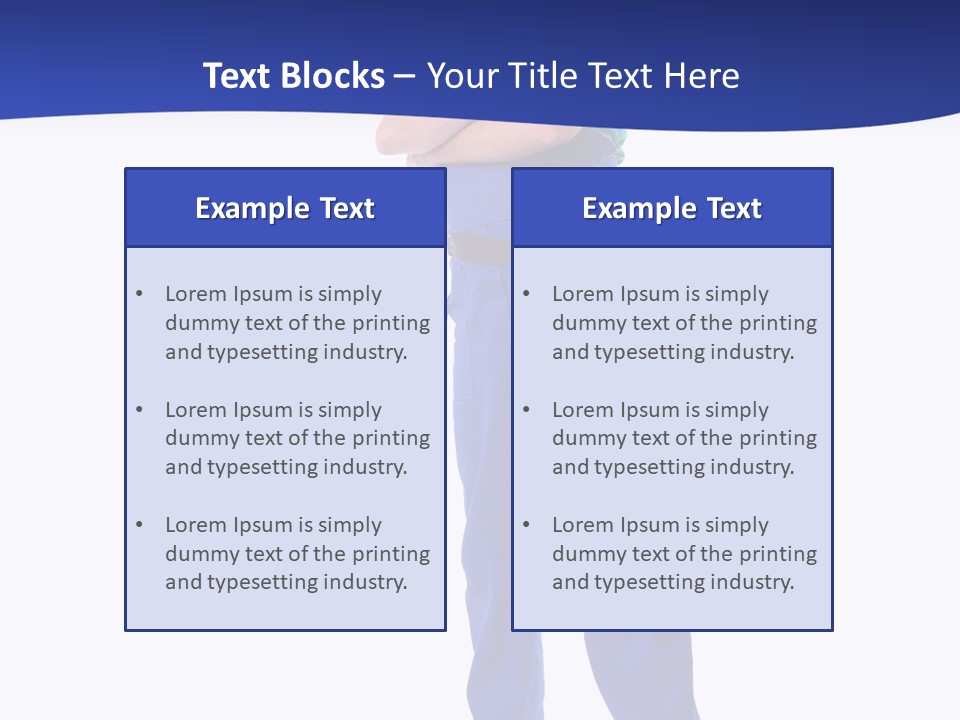 Builder Wearing Blue Overall, Toolbelt And Hard Hat Posing Over White Background PowerPoint Template