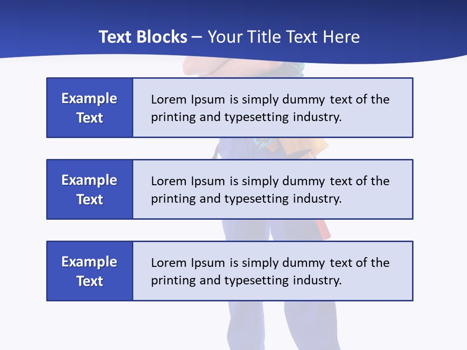 Builder Wearing Blue Overall, Toolbelt And Hard Hat Posing Over White Background PowerPoint Template
