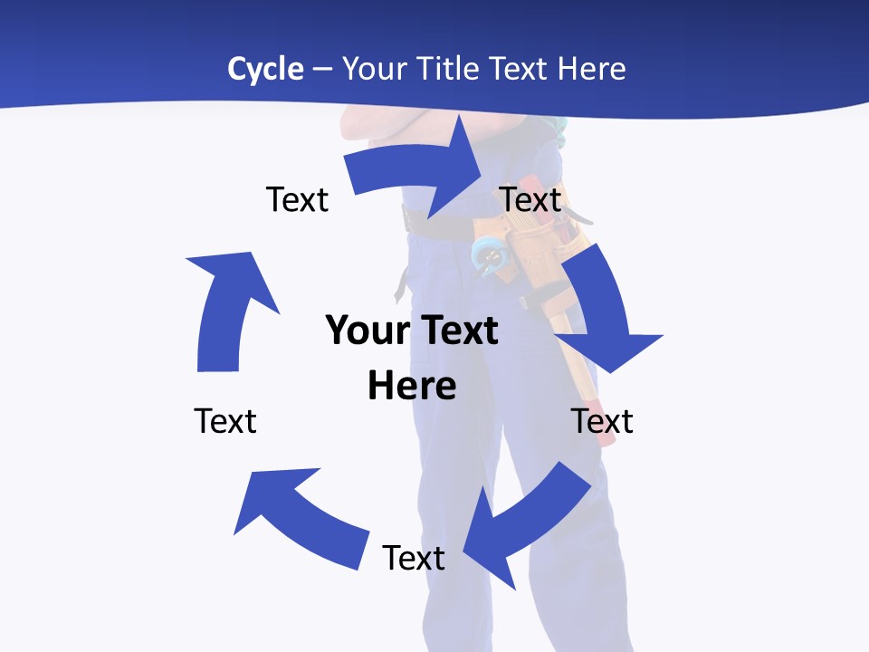 Builder Wearing Blue Overall, Toolbelt And Hard Hat Posing Over White Background PowerPoint Template