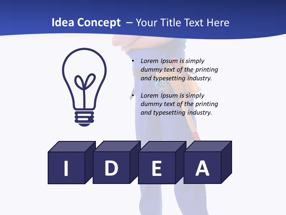 Builder Wearing Blue Overall, Toolbelt And Hard Hat Posing Over White Background PowerPoint Template