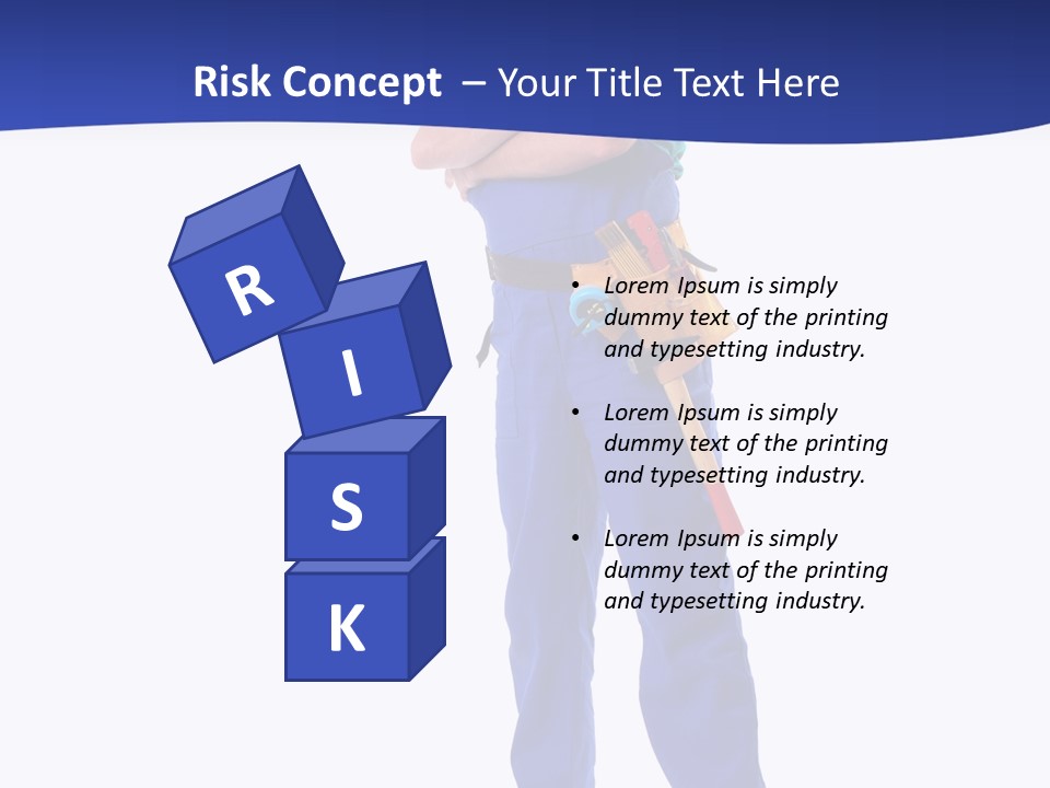 Builder Wearing Blue Overall, Toolbelt And Hard Hat Posing Over White Background PowerPoint Template