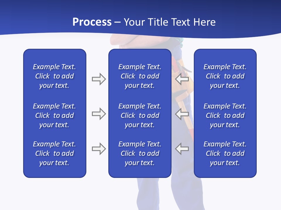 Builder Wearing Blue Overall, Toolbelt And Hard Hat Posing Over White Background PowerPoint Template