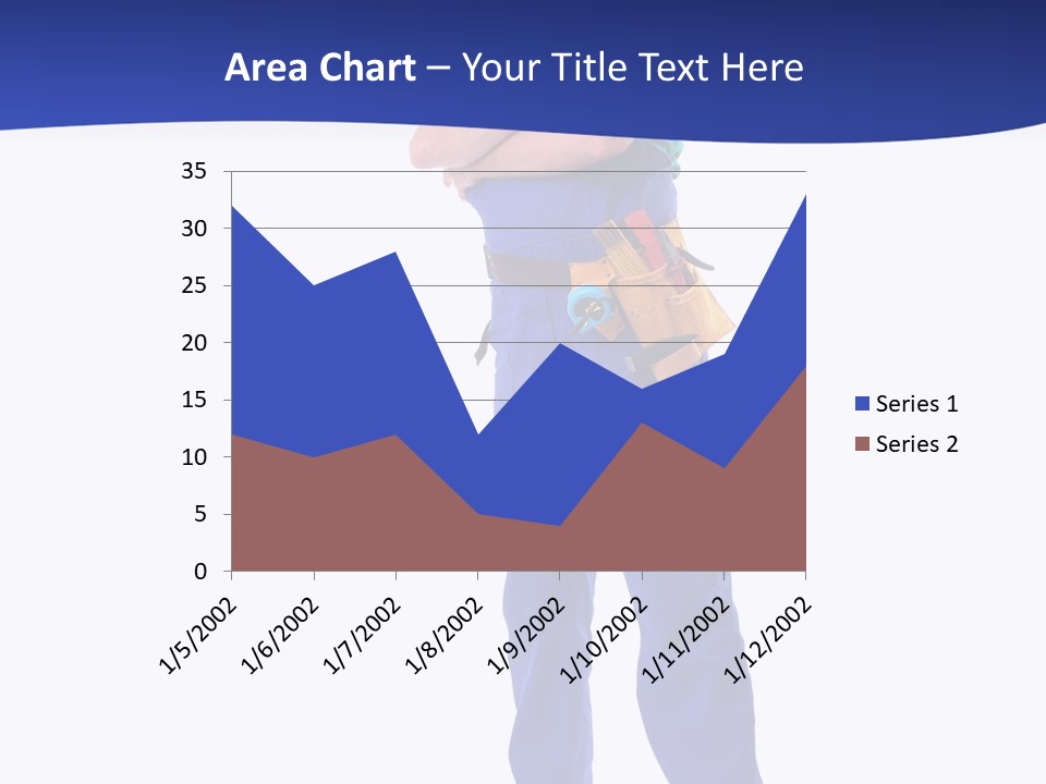 Builder Wearing Blue Overall, Toolbelt And Hard Hat Posing Over White Background PowerPoint Template