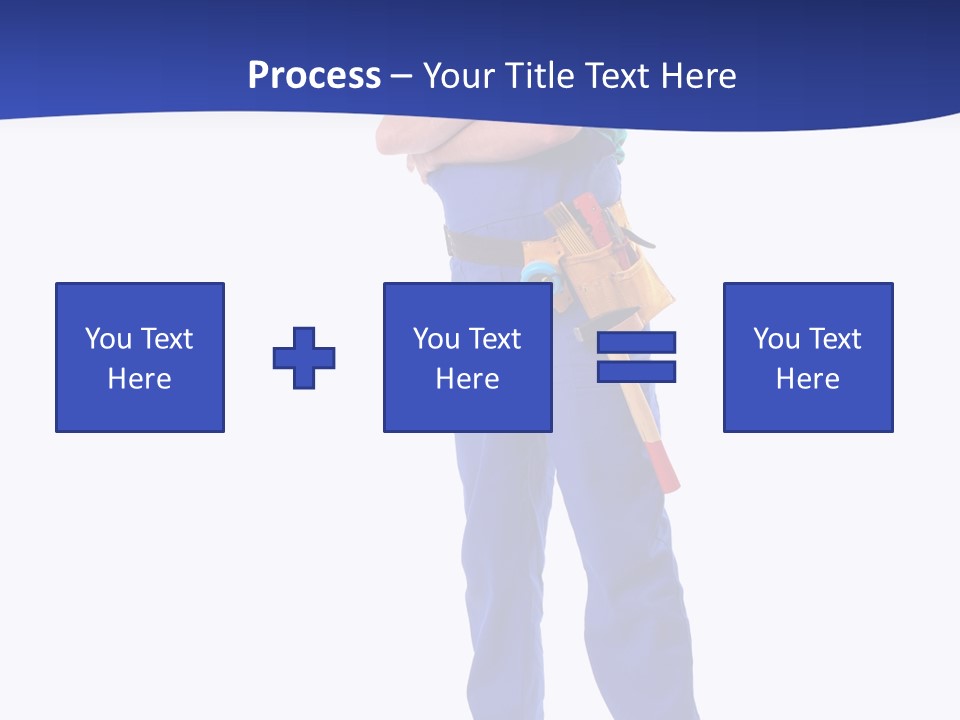 Builder Wearing Blue Overall, Toolbelt And Hard Hat Posing Over White Background PowerPoint Template