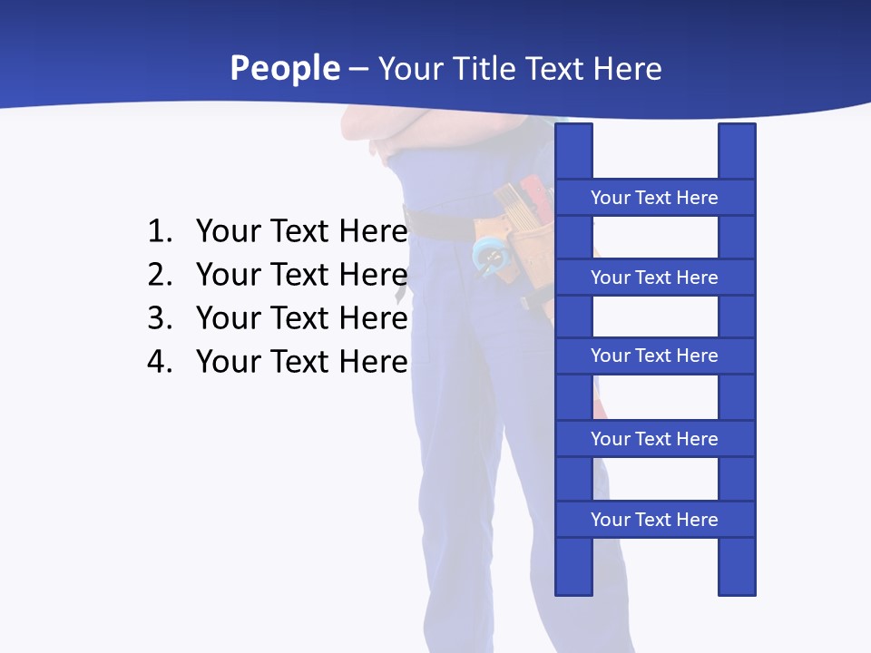 Builder Wearing Blue Overall, Toolbelt And Hard Hat Posing Over White Background PowerPoint Template