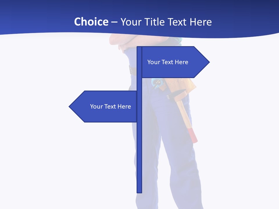 Builder Wearing Blue Overall, Toolbelt And Hard Hat Posing Over White Background PowerPoint Template