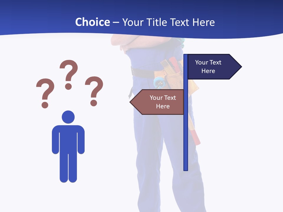 Builder Wearing Blue Overall, Toolbelt And Hard Hat Posing Over White Background PowerPoint Template