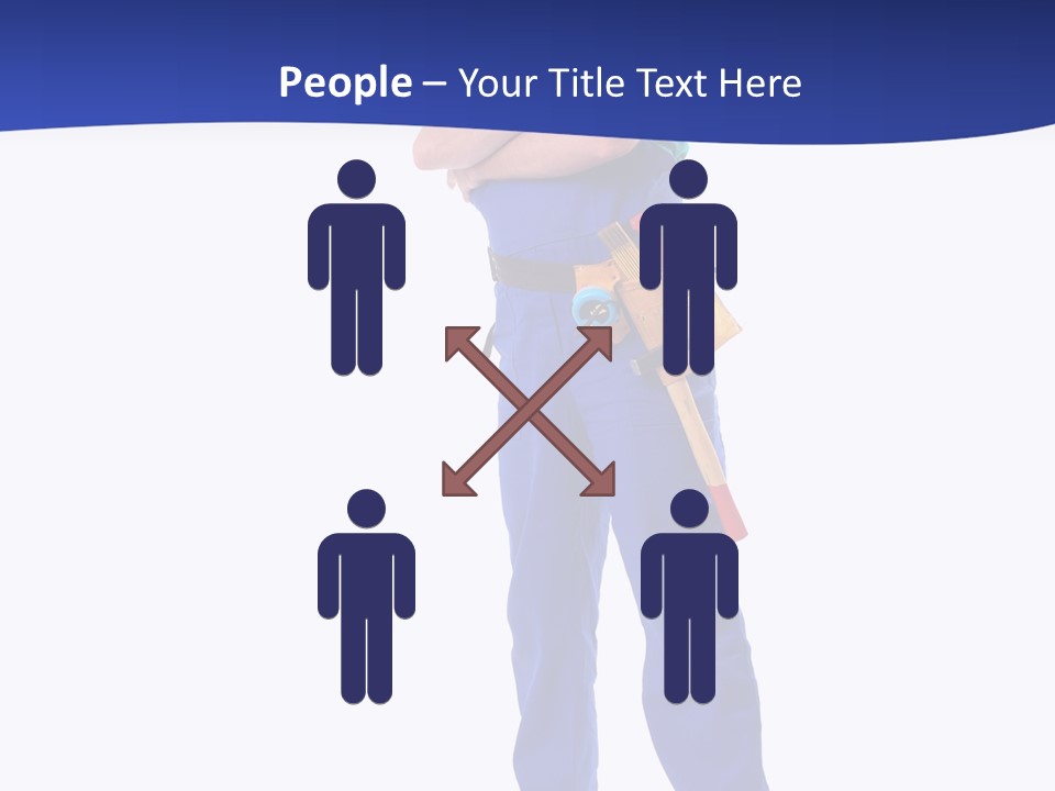 Builder Wearing Blue Overall, Toolbelt And Hard Hat Posing Over White Background PowerPoint Template