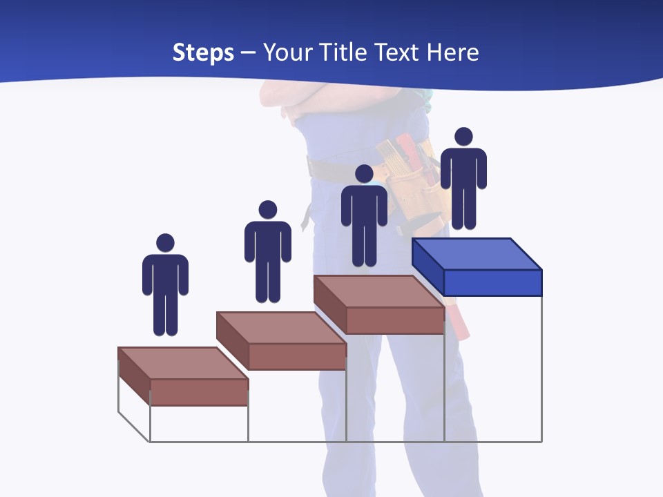 Builder Wearing Blue Overall, Toolbelt And Hard Hat Posing Over White Background PowerPoint Template