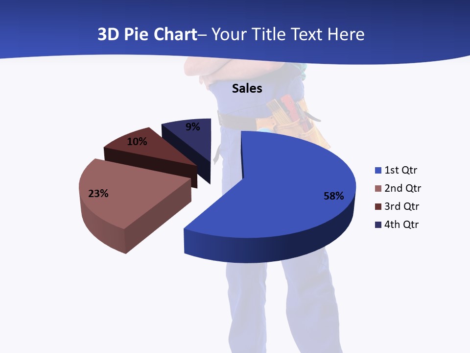 Builder Wearing Blue Overall, Toolbelt And Hard Hat Posing Over White Background PowerPoint Template