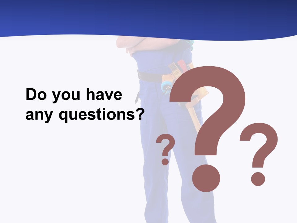 Builder Wearing Blue Overall, Toolbelt And Hard Hat Posing Over White Background PowerPoint Template