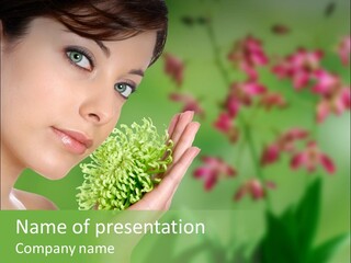 Beautiful Young Woman With Green Chrysanthemum On Floral Green Background As Part Of Spa And Health Setting. PowerPoint Template