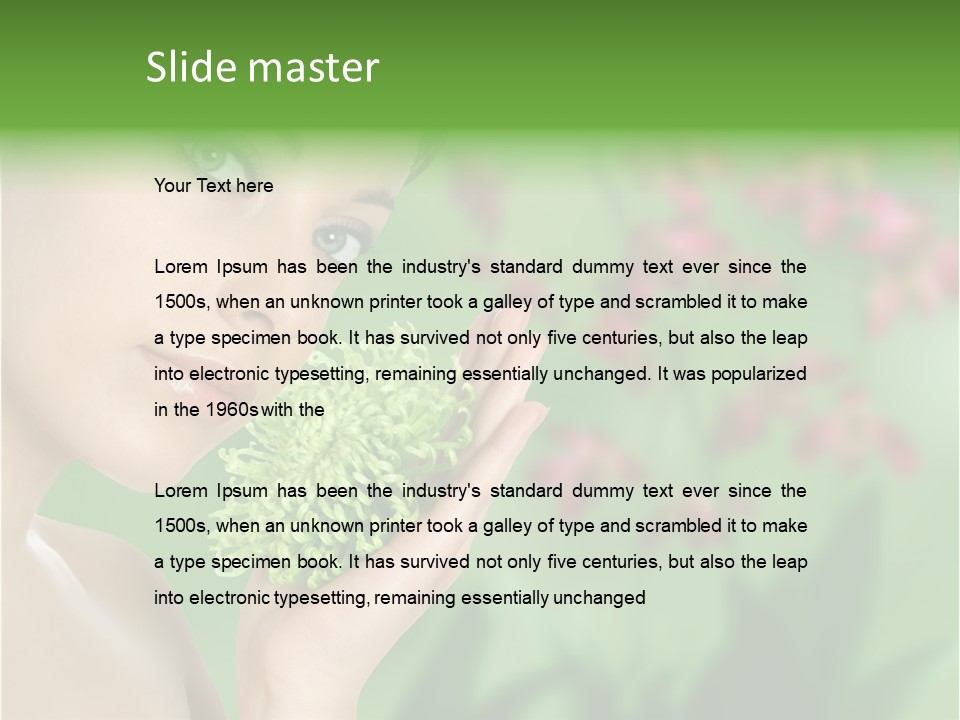 Beautiful Young Woman With Green Chrysanthemum On Floral Green Background As Part Of Spa And Health Setting. PowerPoint Template