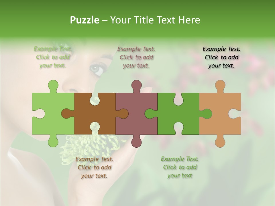 Beautiful Young Woman With Green Chrysanthemum On Floral Green Background As Part Of Spa And Health Setting. PowerPoint Template