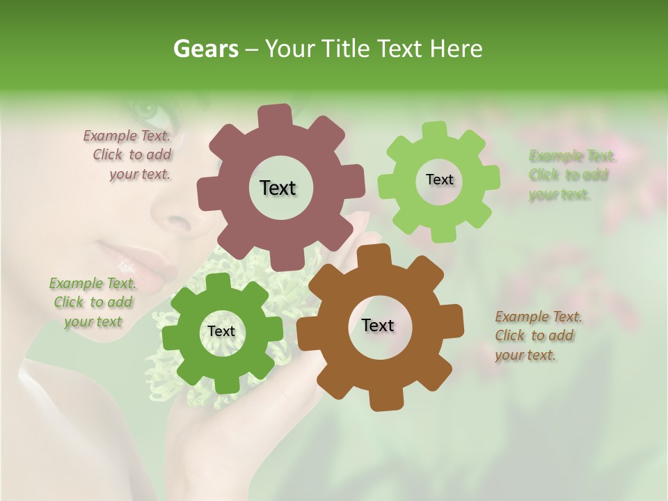 Beautiful Young Woman With Green Chrysanthemum On Floral Green Background As Part Of Spa And Health Setting. PowerPoint Template