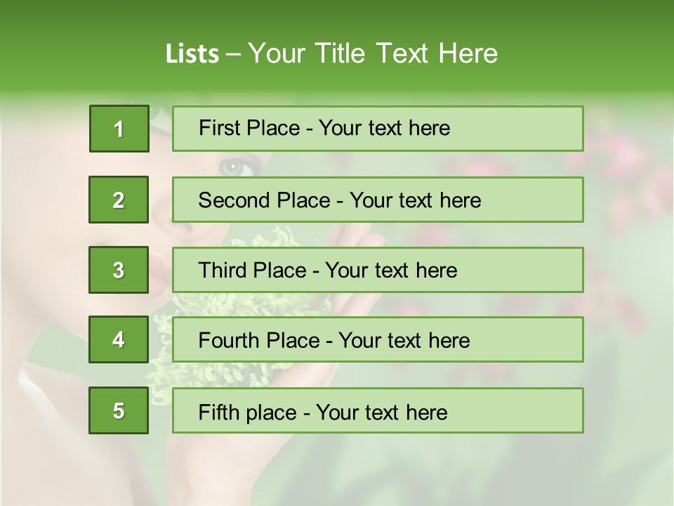 Beautiful Young Woman With Green Chrysanthemum On Floral Green Background As Part Of Spa And Health Setting. PowerPoint Template