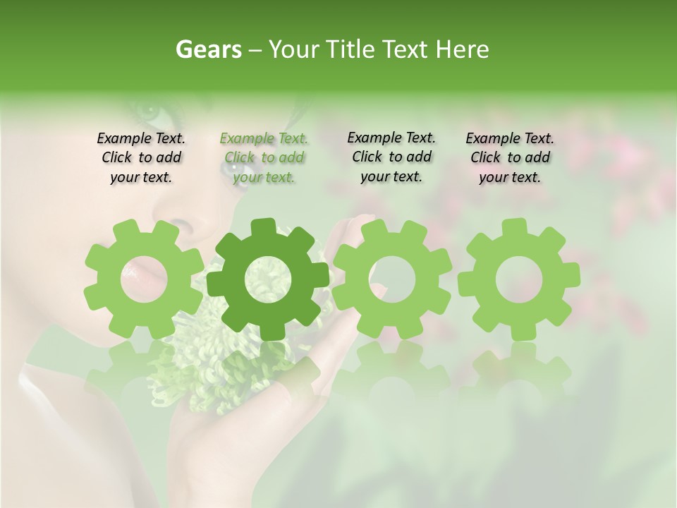 Beautiful Young Woman With Green Chrysanthemum On Floral Green Background As Part Of Spa And Health Setting. PowerPoint Template