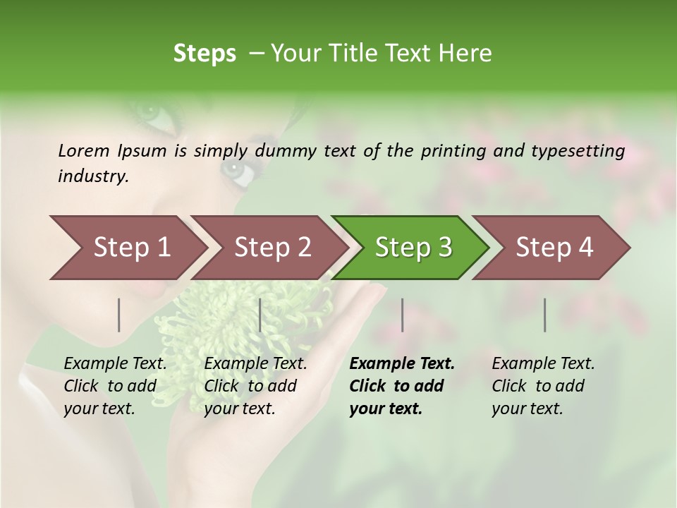 Beautiful Young Woman With Green Chrysanthemum On Floral Green Background As Part Of Spa And Health Setting. PowerPoint Template