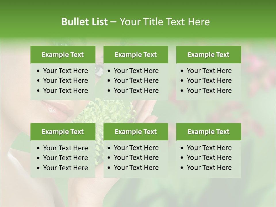 Beautiful Young Woman With Green Chrysanthemum On Floral Green Background As Part Of Spa And Health Setting. PowerPoint Template