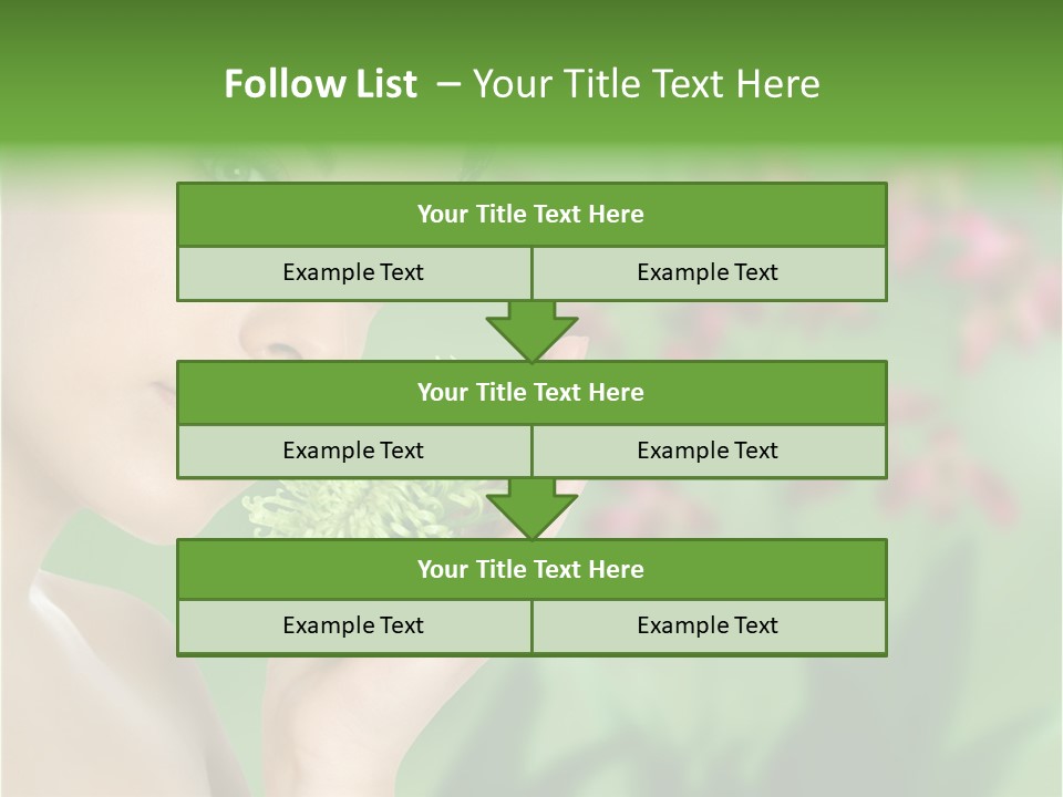 Beautiful Young Woman With Green Chrysanthemum On Floral Green Background As Part Of Spa And Health Setting. PowerPoint Template