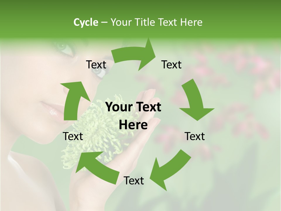 Beautiful Young Woman With Green Chrysanthemum On Floral Green Background As Part Of Spa And Health Setting. PowerPoint Template