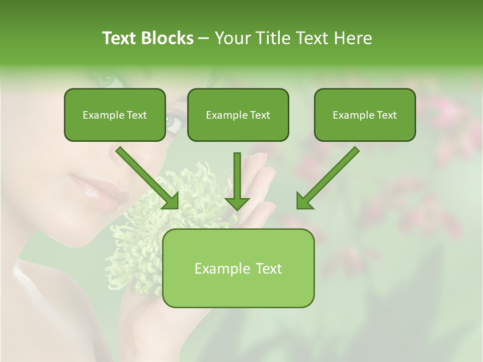 Beautiful Young Woman With Green Chrysanthemum On Floral Green Background As Part Of Spa And Health Setting. PowerPoint Template