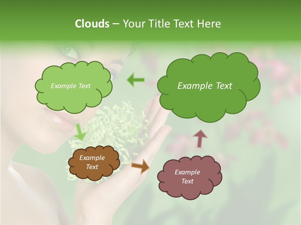 Beautiful Young Woman With Green Chrysanthemum On Floral Green Background As Part Of Spa And Health Setting. PowerPoint Template