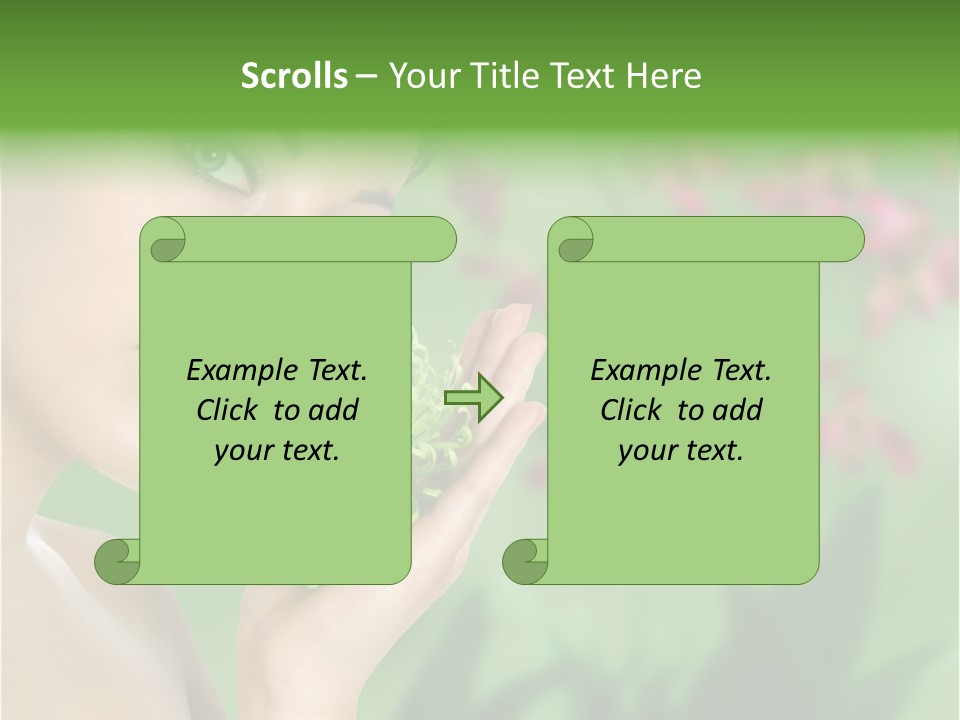 Beautiful Young Woman With Green Chrysanthemum On Floral Green Background As Part Of Spa And Health Setting. PowerPoint Template