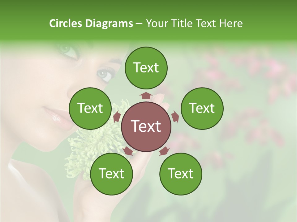 Beautiful Young Woman With Green Chrysanthemum On Floral Green Background As Part Of Spa And Health Setting. PowerPoint Template