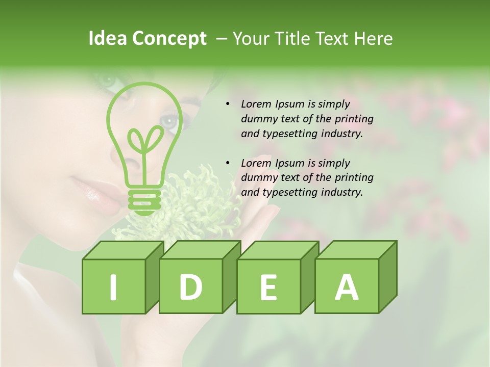 Beautiful Young Woman With Green Chrysanthemum On Floral Green Background As Part Of Spa And Health Setting. PowerPoint Template