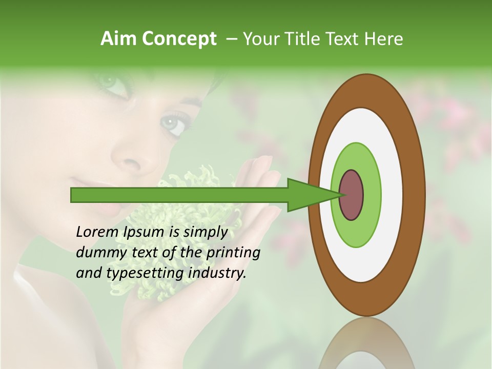 Beautiful Young Woman With Green Chrysanthemum On Floral Green Background As Part Of Spa And Health Setting. PowerPoint Template