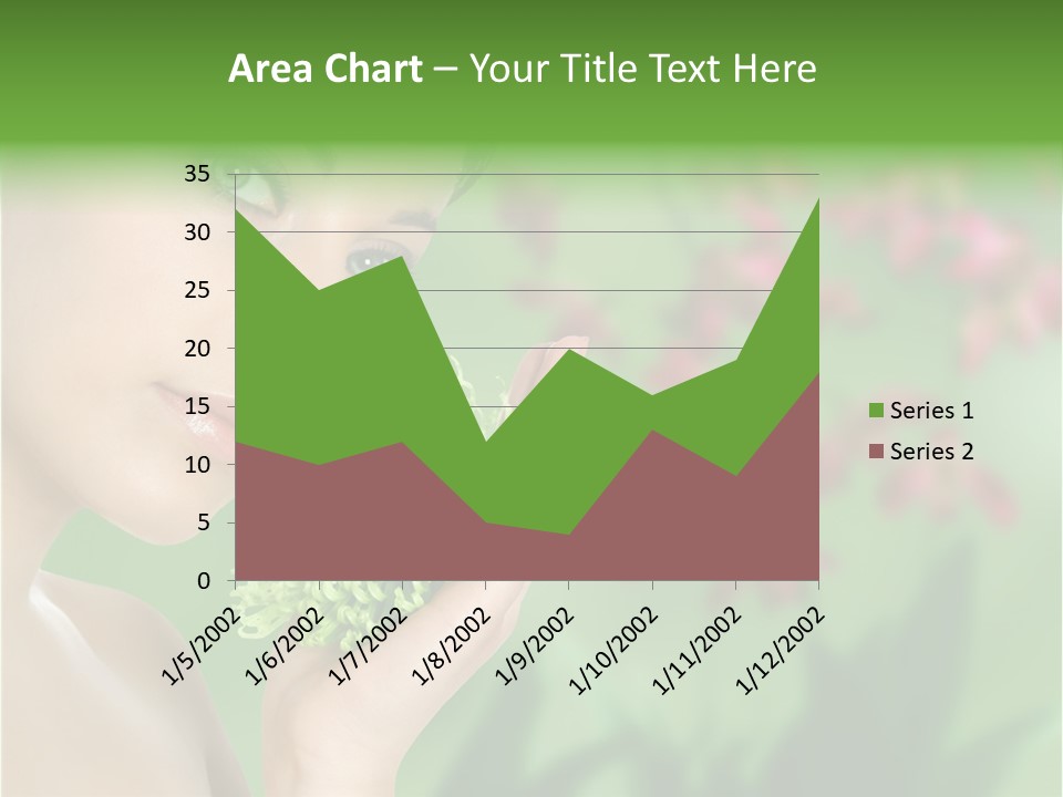 Beautiful Young Woman With Green Chrysanthemum On Floral Green Background As Part Of Spa And Health Setting. PowerPoint Template