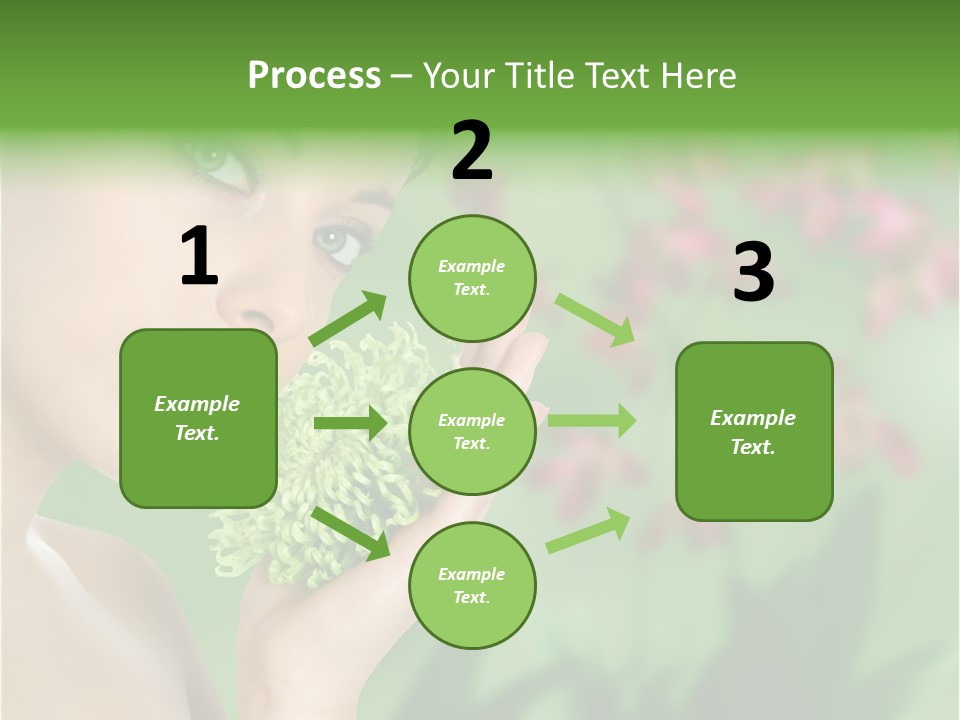 Beautiful Young Woman With Green Chrysanthemum On Floral Green Background As Part Of Spa And Health Setting. PowerPoint Template